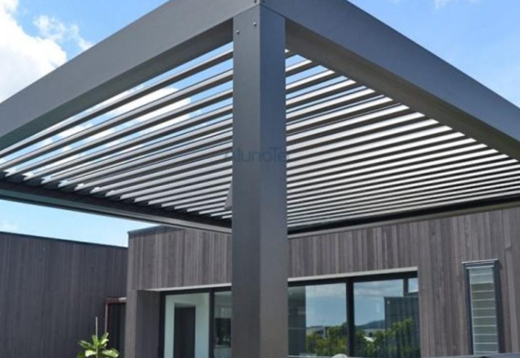 Metal pergola with slatted roof