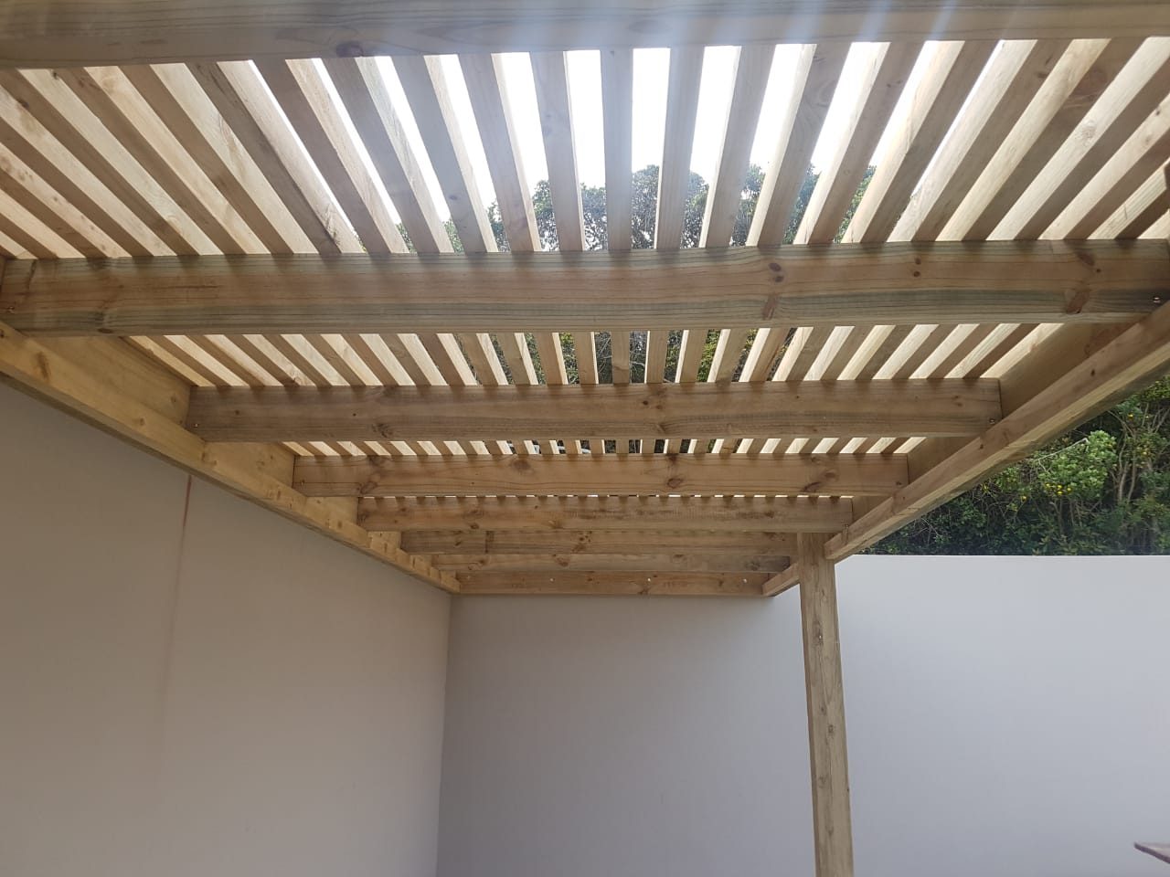 Pine pergola with pine strip roof