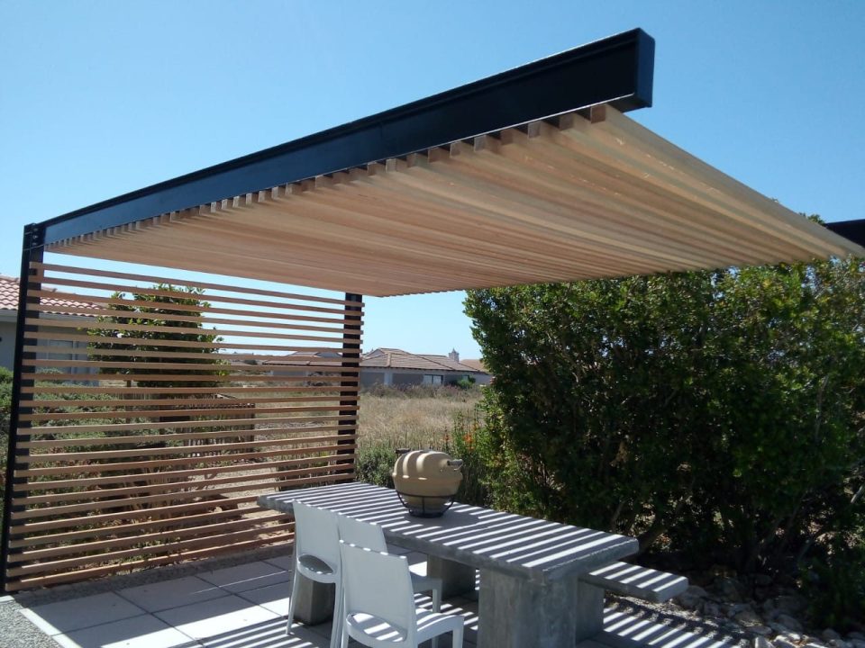 Balau hardwood timber strip pergola with aluminium frame