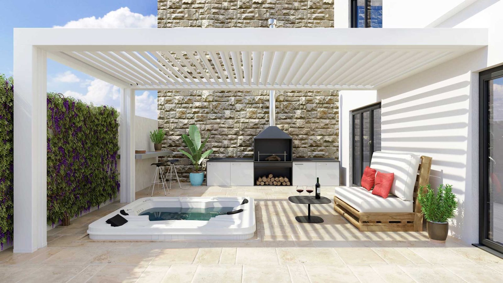 White aluminium pergola with manual louvers