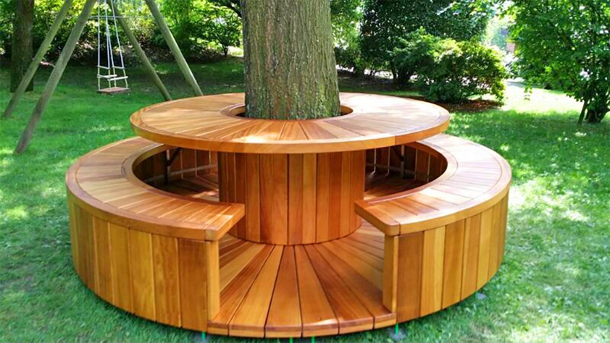 Deck bench around tree