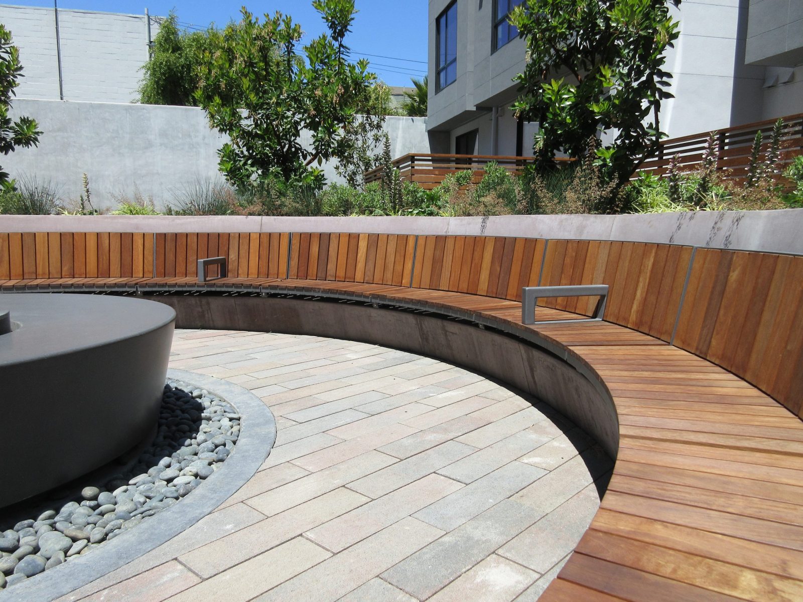 Hardwood deck seating and firepit