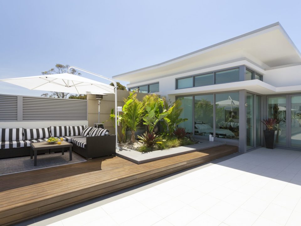 Hardwood raised deck on patio