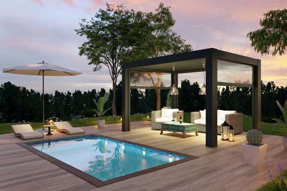 A deck area with a stylish pergola and swimming pool