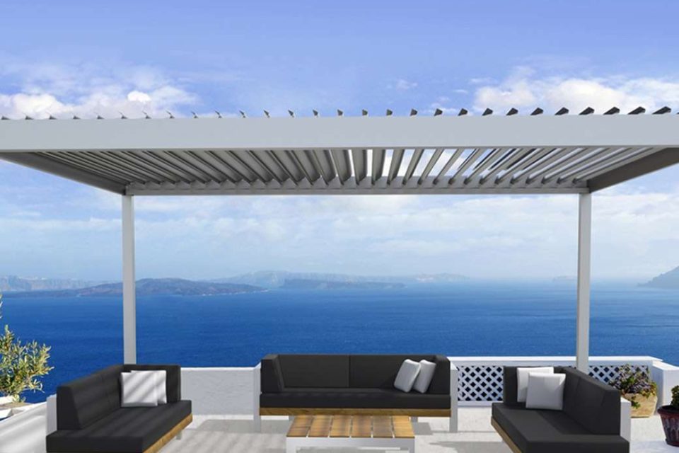 An aluminium pergola with stunning sea background.