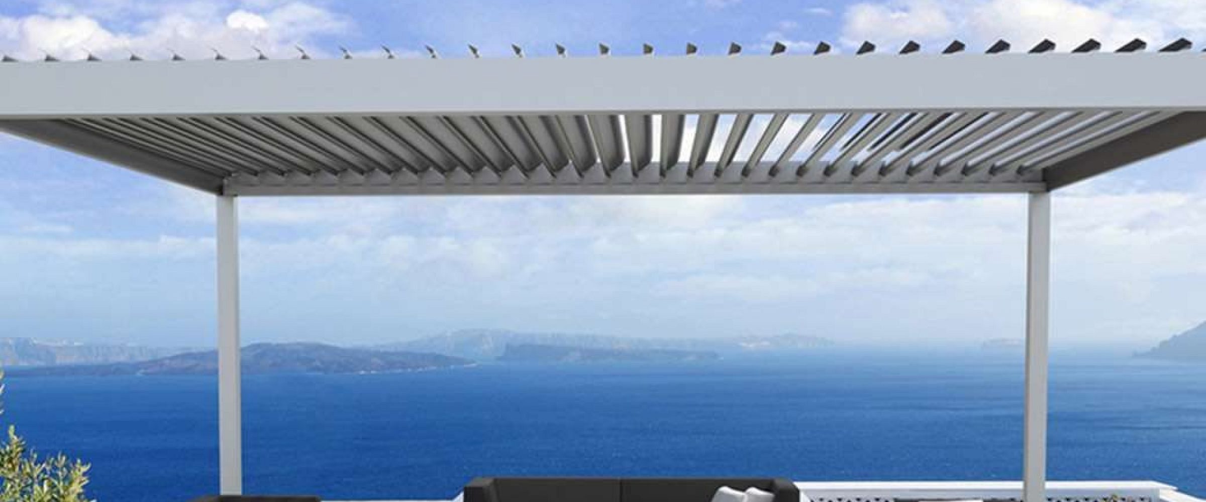 An aluminium pergola with stunning sea background.