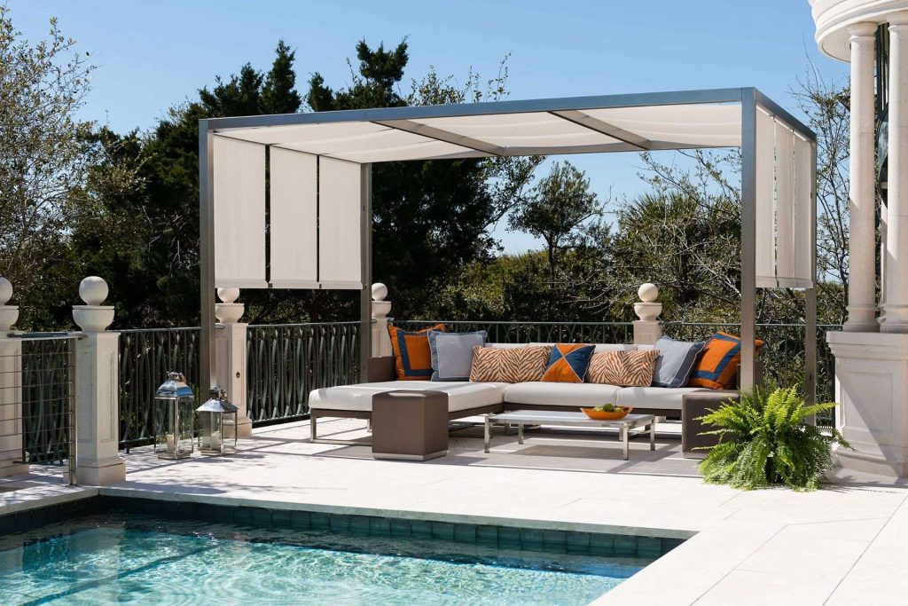 Steel Frame Pergola with Fabric roof and sides.
